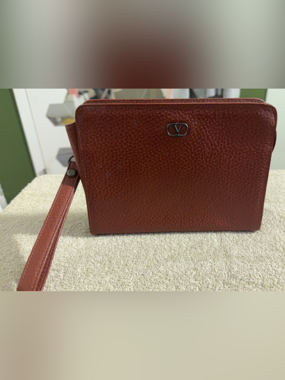 Valentino Garavani Pebbled BROWN Leather Wristlet Clutch